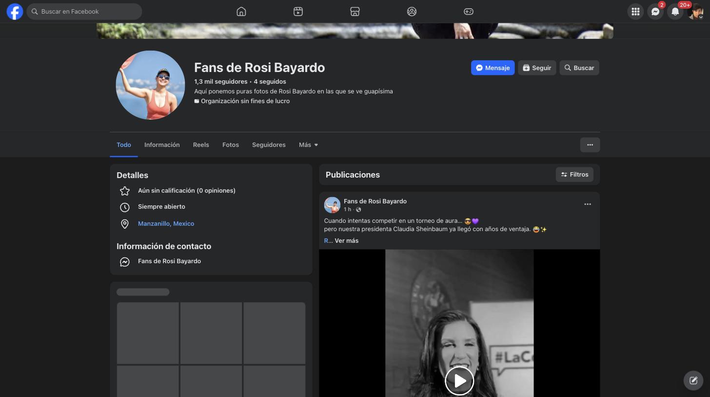 Página de Facebook Fans de Rosi Bayardo, con 1.3 mil seguidores, categoría Organización sin fines de lucro, ubicada en Manzanillo, replicando el video viral una hora después