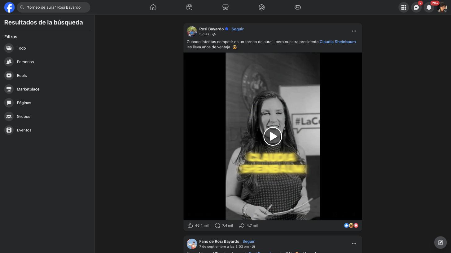 Publicación viral de Rosi Bayardo en Facebook con 46.4 mil reacciones, 7.4 mil comentarios y 4.7 mil compartidos, sobre un meme de Claudia Sheinbaum